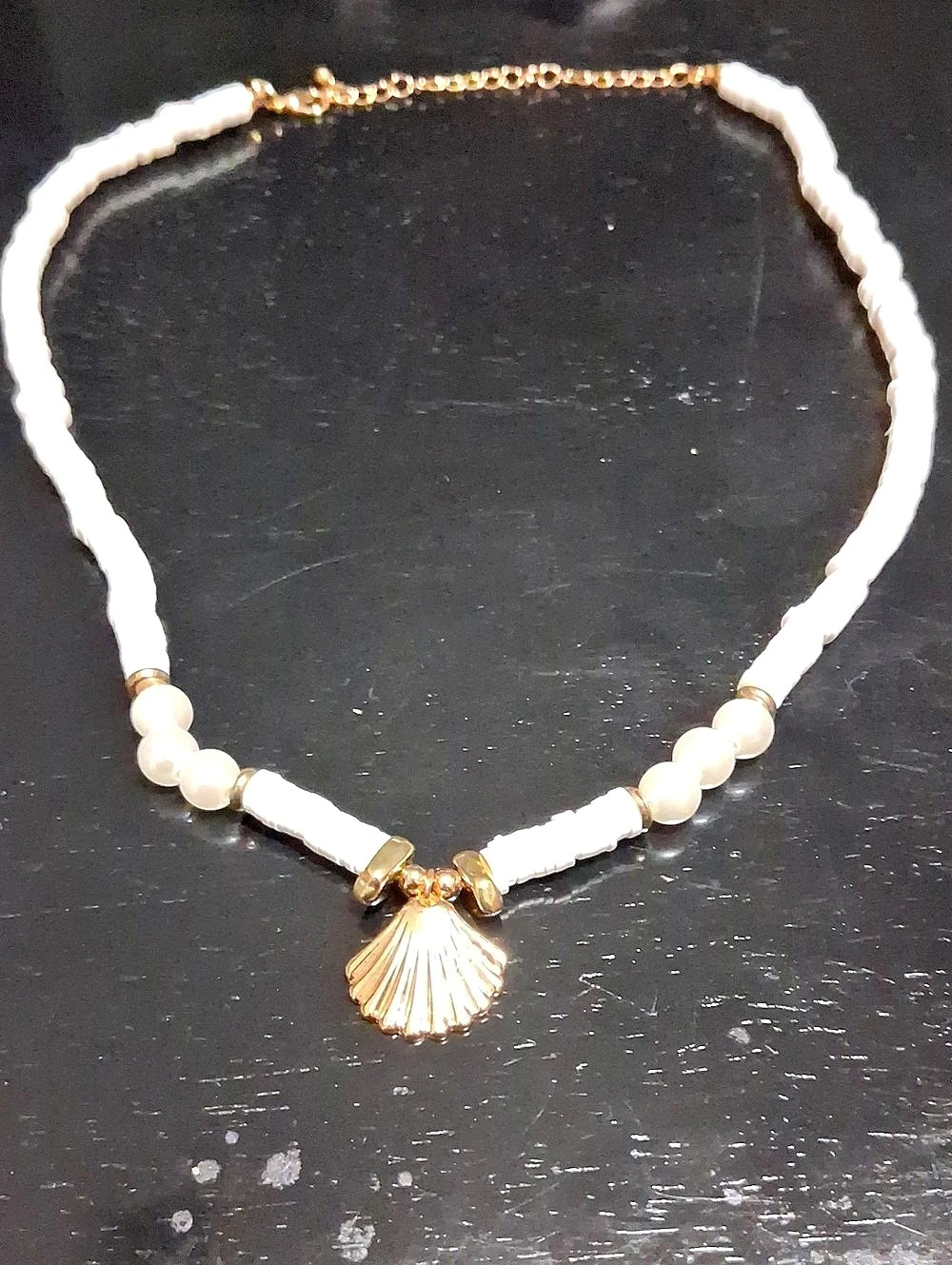 White Beaded Shell Pendant Necklace